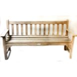 GARDEN BENCH, weathered teak and slatted with flat top arms by Swann Hattersley, 159cm W.