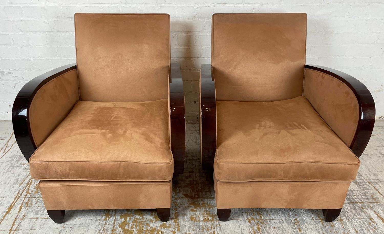 CLUB ARMCHAIRS, a pair, 78cm H x 68cm W x 88cm D, Art Deco style with brown suede upholstery. (2)