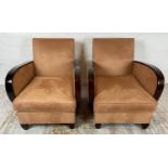 CLUB ARMCHAIRS, a pair, 78cm H x 68cm W x 88cm D, Art Deco style with brown suede upholstery. (2)