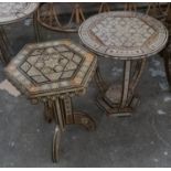 DAMASCUS TABLE, 44cm W x 52cm H, inlaid, circular and a similar hexagonal table, 34cm W x 52cm H. (