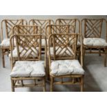 BAMBOO COCKPEN DINING CHAIRS, a set of eight bamboo framed with 'cockpen' backs and pleated ecru