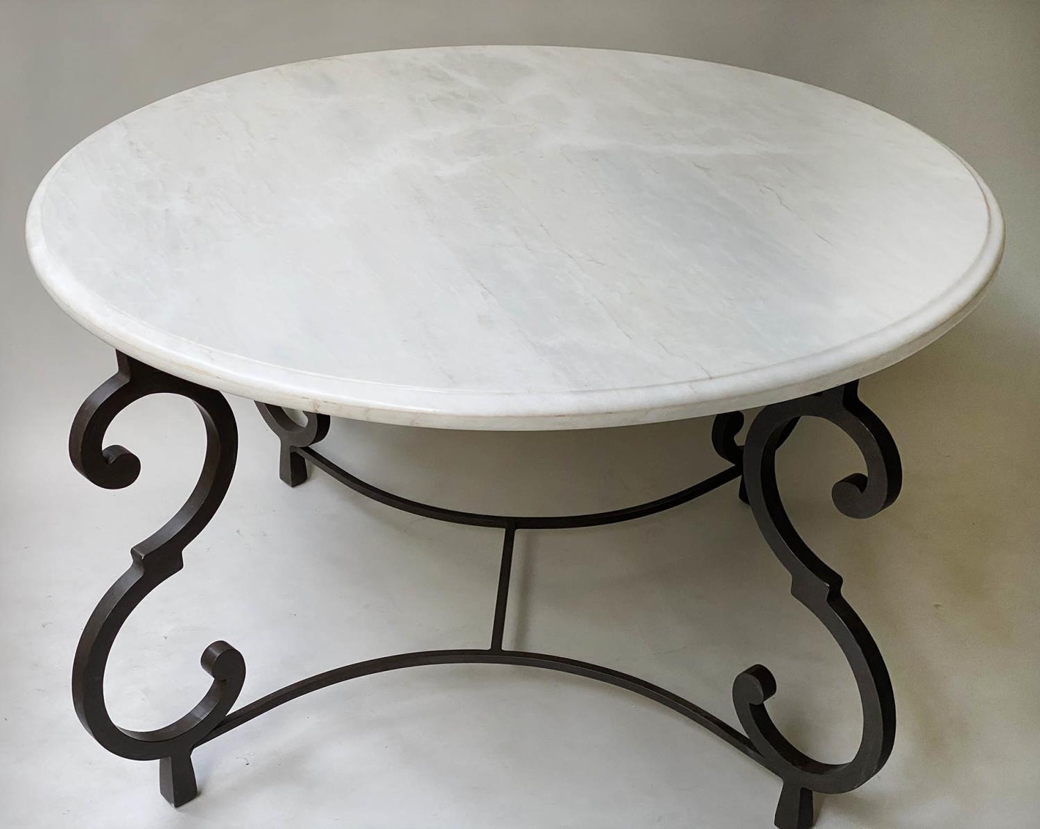DINING/CENTRE TABLE, circular variegated white marble top on bronze scroll supports, 135cm W x - Image 3 of 6