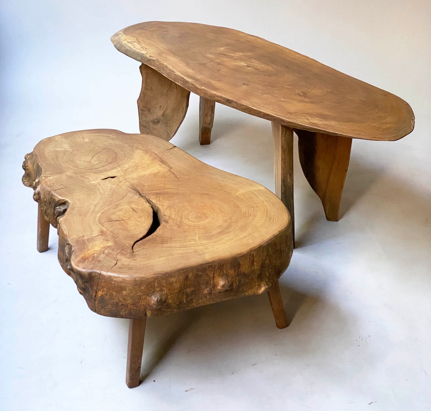 RUSTIC LOW TABLE, burr yewwood tree section on shaped supports together with a lower example, - Image 6 of 6