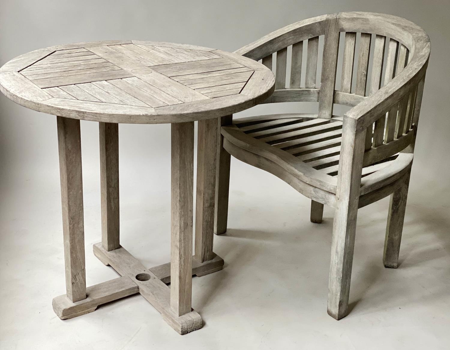 GARDEN TABLE, circular slatted weathered teak together with a Java teak garden armchair, 80cm diam x - Image 2 of 9
