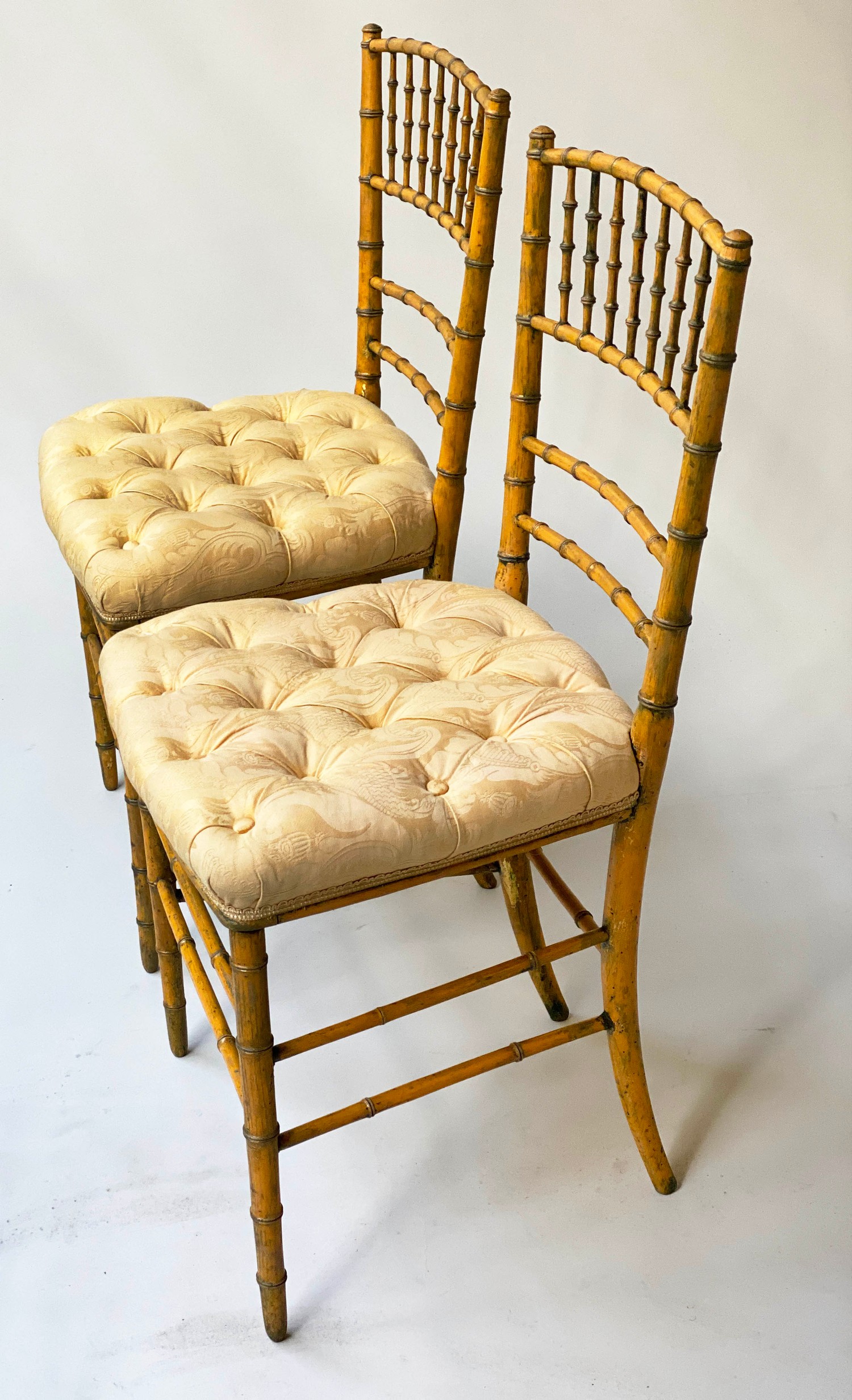 SALON CHAIRS, a pair, 19th century faux bamboo framed with button yellow satin seats. (2) - Image 7 of 8