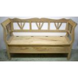 SETTLE, 96cm H x 159cm x 49cm Swedish style hardwood with hinged seat.