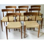 AFTER ARNE HOVMAND OLSEN DINING CHAIRS, eight, 76cm H, Danish teak, with paper cord upholstered