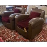 CLUB ARMCHAIRS, each 83cm W, a pair, brown leather with fabric seats. (2)