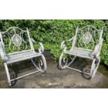 GARDEN ROCKING CHAIRS, two, 63.5cm W, grey painted metal.