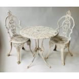 TERRACE DINING SET, table 69cm W x 61cm H, weathered pierced cast aluminium, and two chairs. (3)