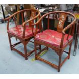 CHINESE EXPORT STYLE HORSE SHOE CHAIRS, two, 64cm W with squab cushions. (2)