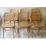 DINETTE DINING CHAIRS, six, 84cm H, bentwood and cane paneled, including two with arms. (6)