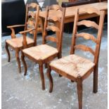 FARMHOUSE DINING CHAIRS, six, 107cm H with rush seats, two carvers. (6)