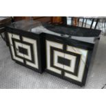 BEDSIDE CABINETS, a pair, black mirrored and brass detail, 56cm x 40cm x 62cm H. (2)