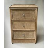 CHEST, 50cm W x 45cm D x 72cm H, cane panelled, with three drawers.