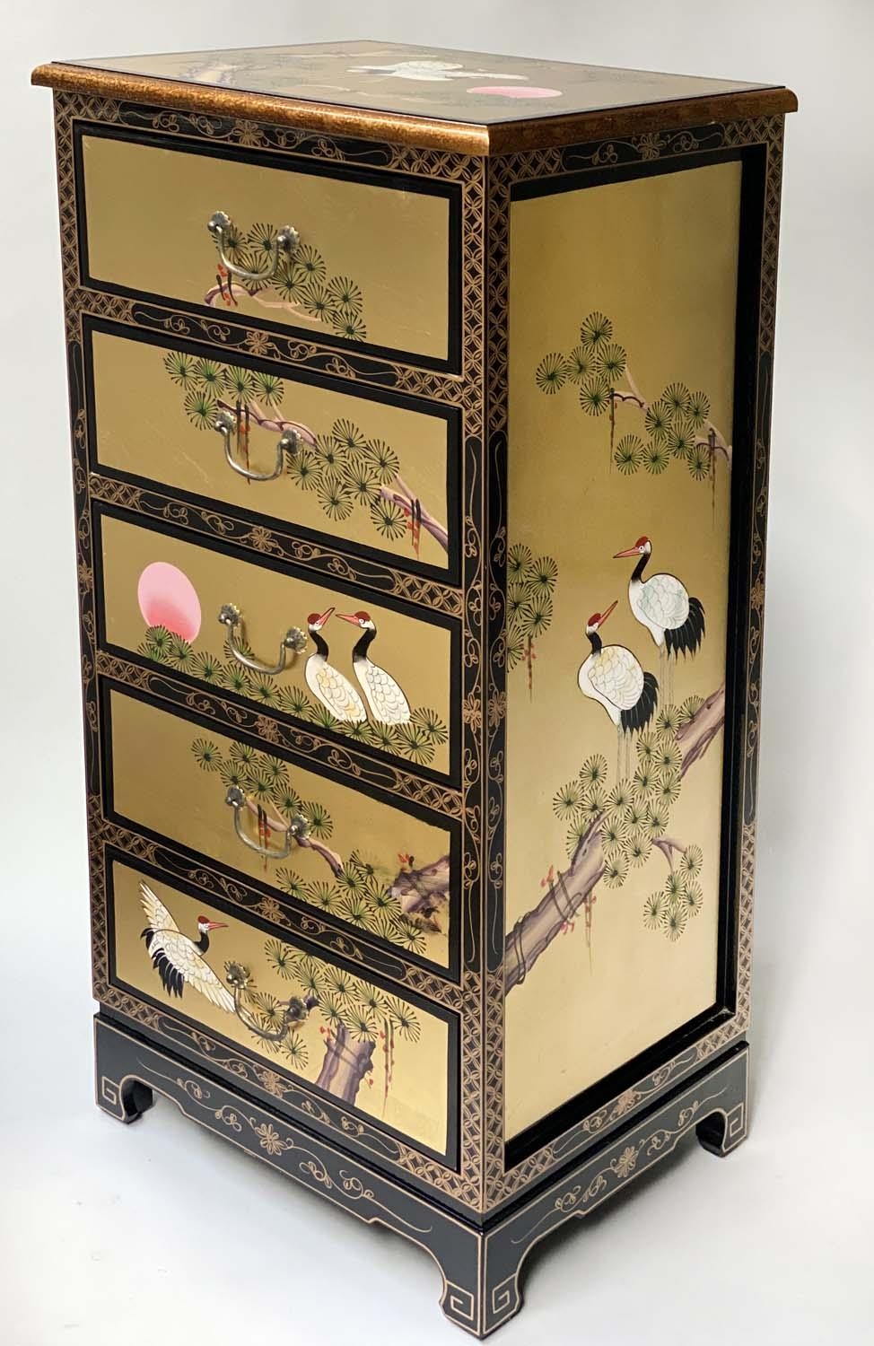 TALL CHEST, 50cm W x 40cm D x 107cm H, Chinese leaf gilded and hand painted with five drawers.