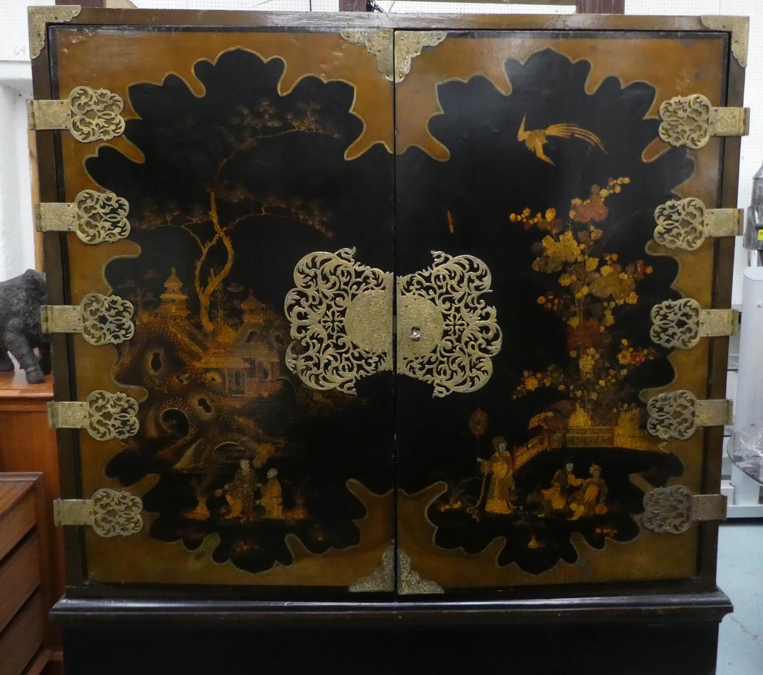 CABINET ON STAND, 103cm W x 163cm H x 56cm D George III and later black lacquered and gilt - Image 2 of 6