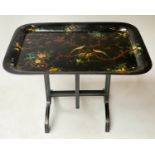 TOLEWARE TRAY ON STAND, 76cm x 46cm x 64cm H, 19th century rounded rectangular black lacquered and