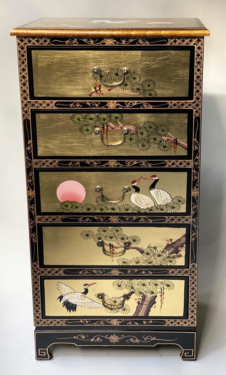 TALL CHEST, 50cm W x 40cm D x 107cm H, Chinese leaf gilded and hand painted with five drawers. - Image 6 of 6