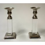 CANDLESTICKS, a pair, lucite columns and silver plated, 25cm H. (2)
