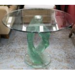 CENTRE TABLE, glass and steel with circular top on spiral supports, 77cm H x 100cm.