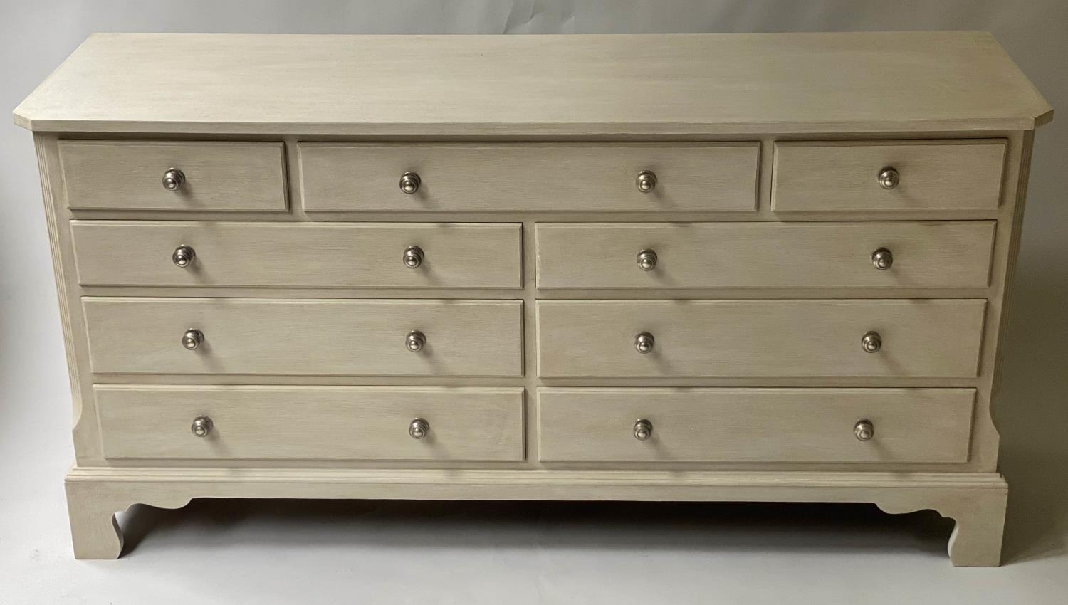 LOW CHEST, George III design grey painted with nine drawers, 153cm x 77cm H x 48cm.