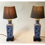 TABLE LAMPS, 35cm H, a pair, Chinese blue and white, cannister form on wooden bases. (2)