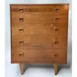 CHEST, 75cm W x 43cm D x 102cm H, 1970's teak with five long drawers.