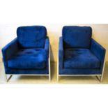 ARMCHAIRS, a pair, 1970's Italian design Royal blue velvet with chrome frames, 85cm H x 85cm D x