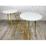 LAMP TABLES, a pair, 1970's Italian design, circular marble tops on tripod gilt metal legs, 54cm H x