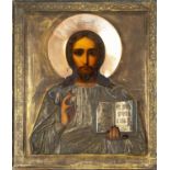 RUSSIAN ICON, depicting Christ Pantokrator, late 19th century, with embossed and etched silver riza,