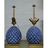 PINEAPPLE TABLE LAMPS, a pair, French circa 1970's blue ceramic and brass, 63cm H. (2)