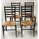 DINING CHAIRS, a set of four, 95cm H, black lacquered, ladder backs and rush seated in the manner of