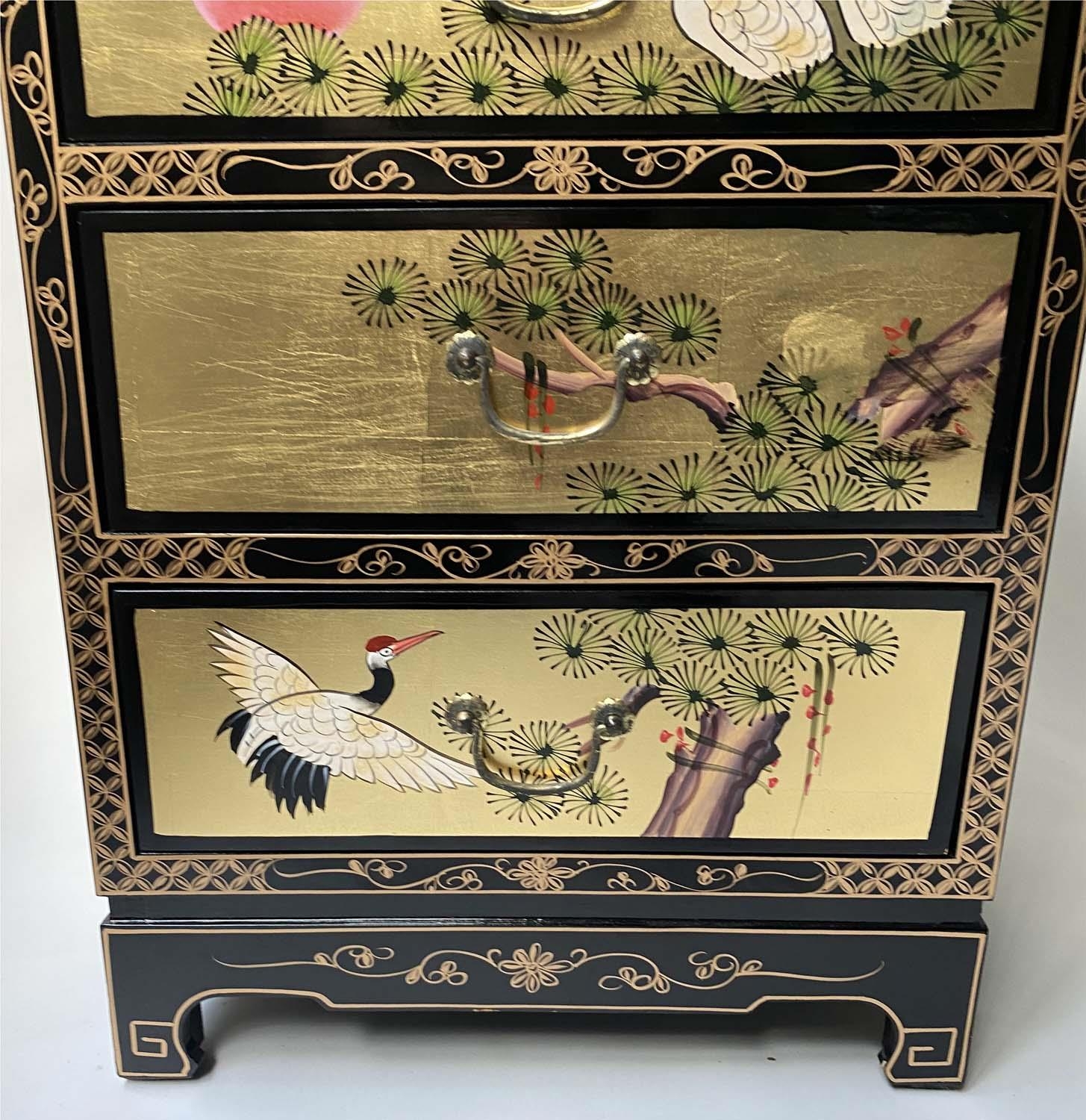 TALL CHEST, 50cm W x 40cm D x 107cm H, Chinese leaf gilded and hand painted with five drawers. - Image 2 of 6