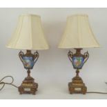 URN LAMPS, a pair, 19th century French, hand painted Sevres style porcelain in Bleu Celeste with