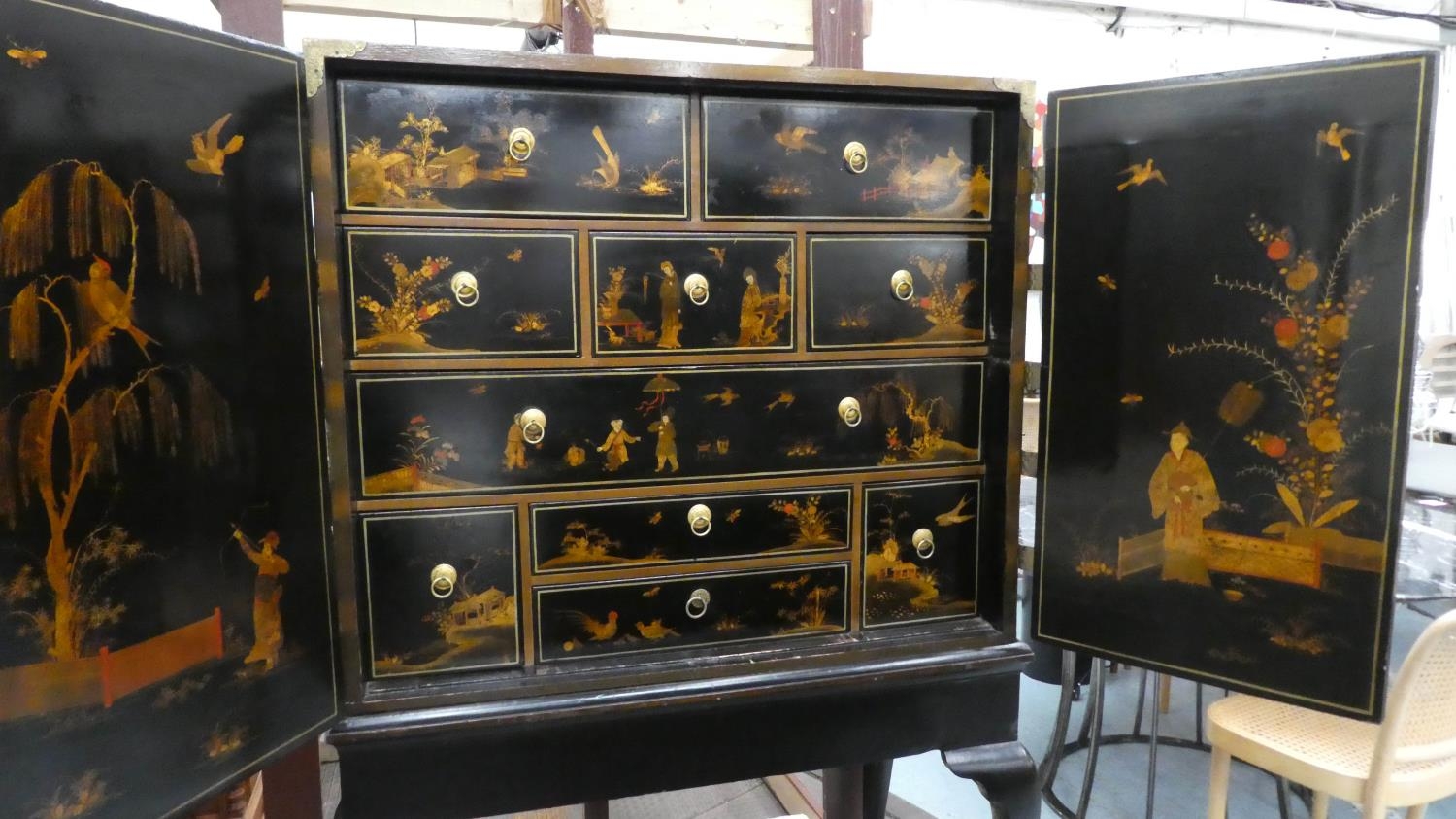 CABINET ON STAND, 103cm W x 163cm H x 56cm D George III and later black lacquered and gilt - Image 3 of 6