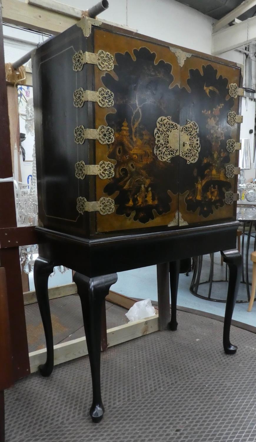 CABINET ON STAND, 103cm W x 163cm H x 56cm D George III and later black lacquered and gilt