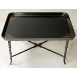 TRAY ON STAND, 83cm x 57cm x 49cm H, Regency style papiêr-maché black lacquered and gilt decorated