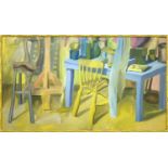 MID 20TH CENTURY BRITISH SCHOOL 'Artist Studio Interior', oil on board, painted faux bamboo frame,