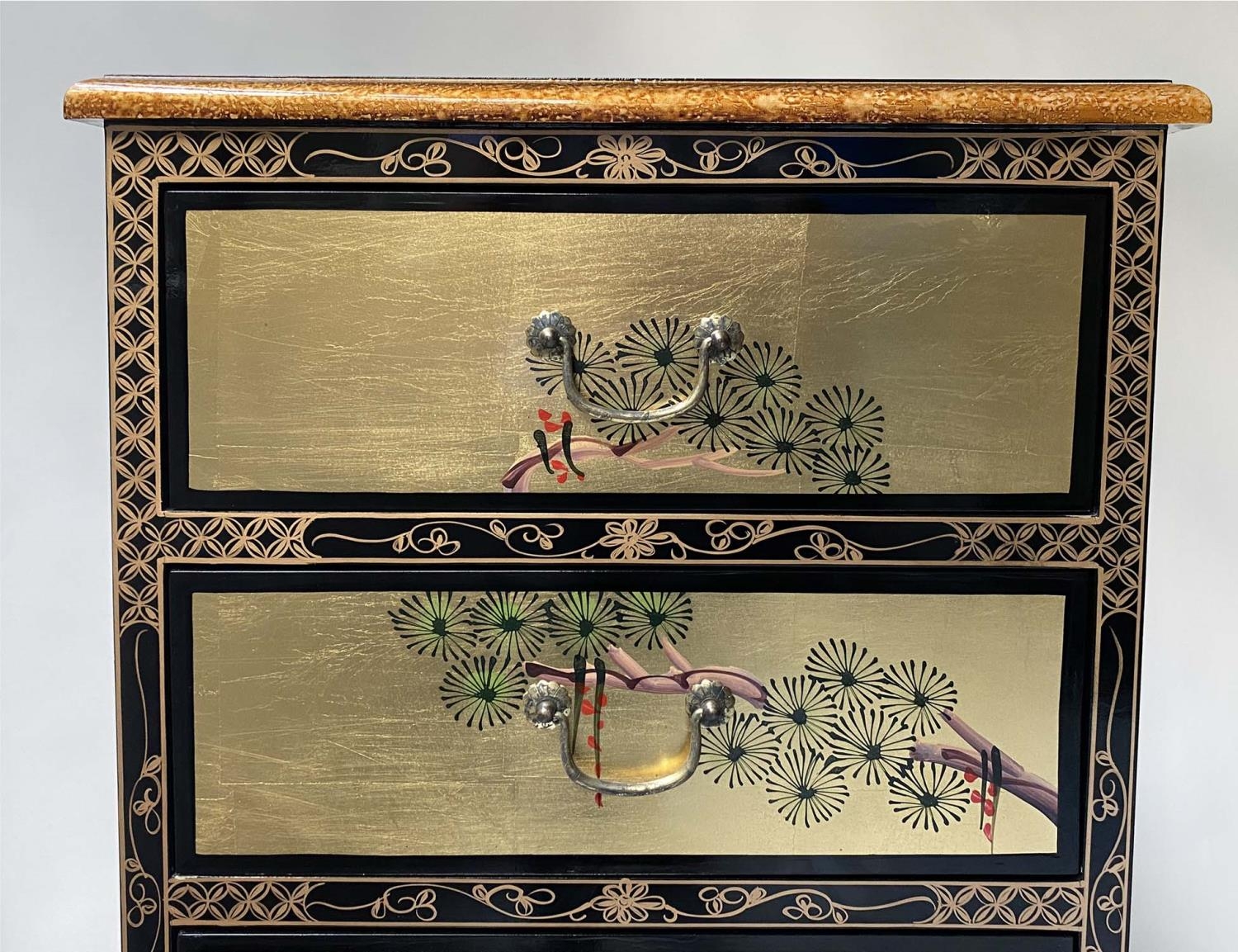 TALL CHEST, 50cm W x 40cm D x 107cm H, Chinese leaf gilded and hand painted with five drawers. - Image 5 of 6