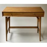 WRITING TABLE, 91cm W x 51cm D x 77cm H, Danish teak with frieze drawer and slightly splayed