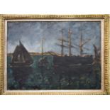 MANNER OF BERTRAM PRIESTMAN, 'Boats off shore in moonlight', oil on canvas, 30cm x 40cm, signed with