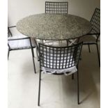 GARDEN TABLE, 75cm H x 120cm circular granite on a white painted metal base with four metal chairs