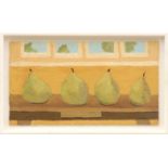 CAROL MADDISON 'Four Pears', oil on board, 25cm x 45cm.