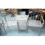 GARDEN DRINKS BENCH, 154cm H, garden drinks bench, painted metal with table joining two seats.