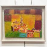 20TH CENTURY SCHOOL, 'Church in Verona' oil on wood floating in a painted tray frame, 37cm H x 46cm.