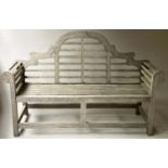 LUTYENS STYLE BENCH, silvery weathered teak of substantial form, 170cm W.