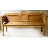 BENCH, 19th century Scandinavian pine with scroll arms and planked seat, 191cm W.