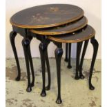 NEST OF THREE TABLES, largest 55cm H x 62cm x 42cm, circa 1920 black lacquer, polychrome and gilt