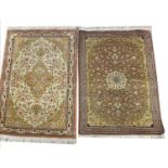 PERSIAN SILK RUGS, two, largest 76cm x 56cm. (2)